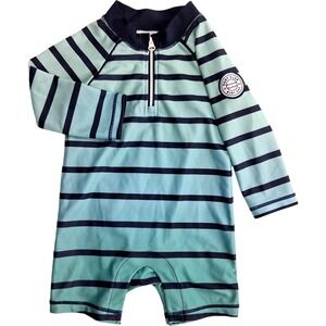 Baby Gap Boy 6 9 12 Mos 1pc Swim Rash Guard Suit Blue Stripe Surf Club Long